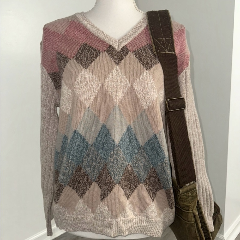 Vintage‎ Izod Multicolored V Neck Argyle Sweater Golf Womens Size Xl